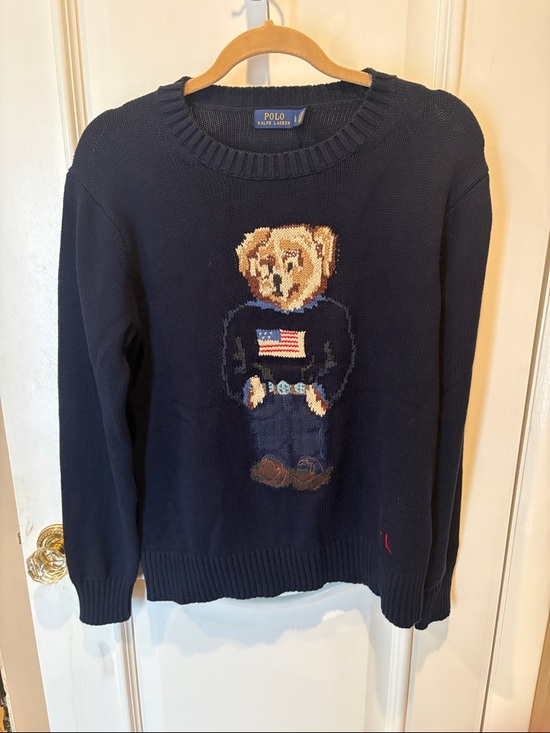 Polo Ralph Lauren Sweaters - Polo by Ralph Lauren Navy Bear Crewneck Sweater with Flag Motif